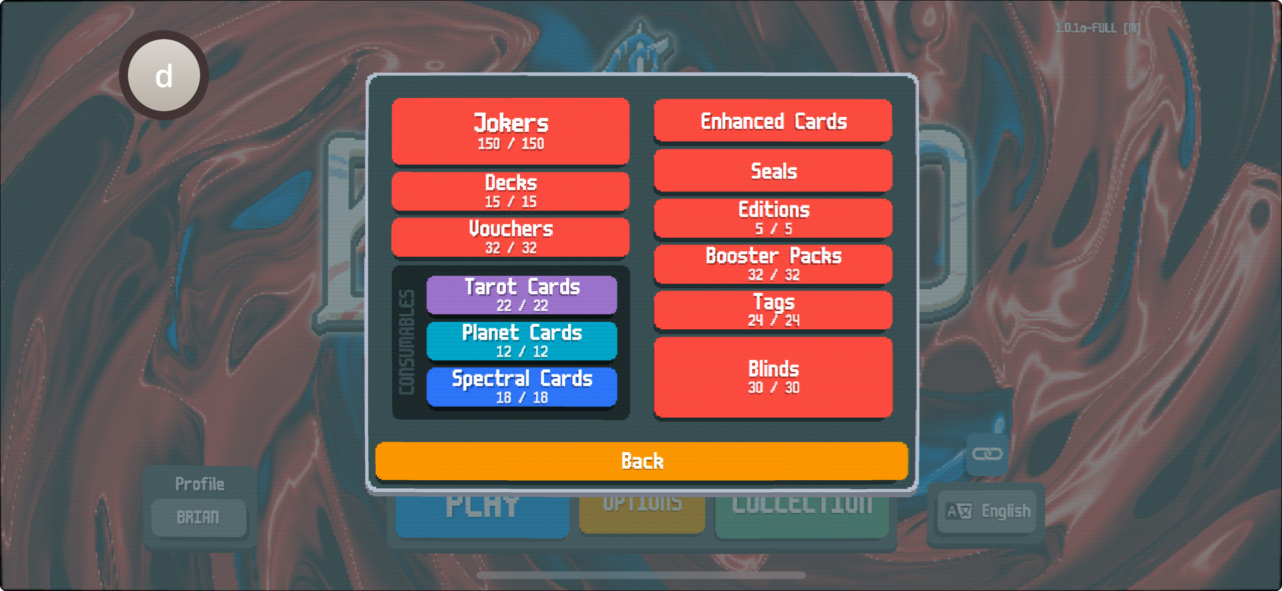 Balatro screenshot showing all collectables acquired